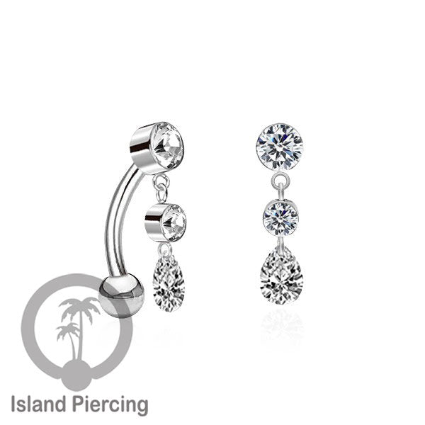 Anting Pusar/Navel Bar stainless steel untuk bagian atas pusat model pakai Kristal dan rantai gantung