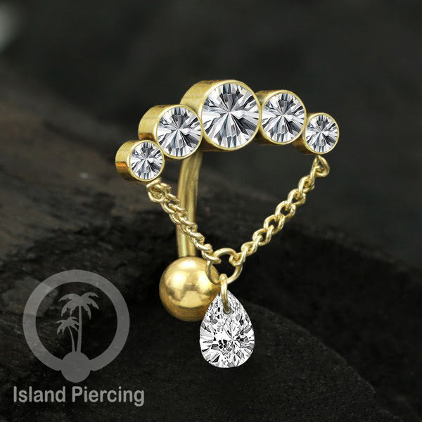 Anting Pusar/Navel Bar stainless steel untuk bagian atas pusat model pakai Kristal dan rantai gantung