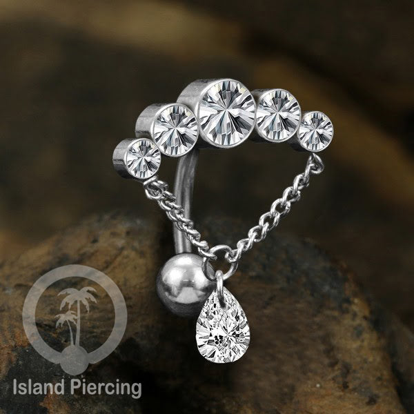 Anting Pusar/Navel Bar stainless steel untuk bagian atas pusat model pakai Kristal dan rantai gantung