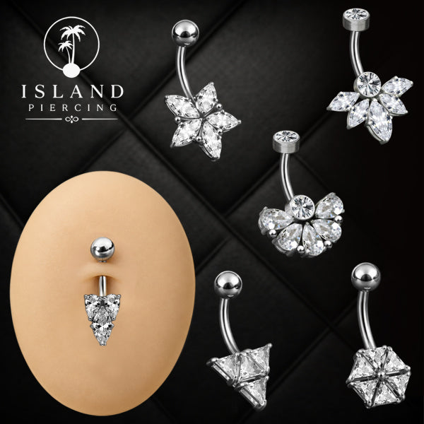 Luxury Silver Stainless Steel Navel Bar with Prong Set Zirconia Crystal