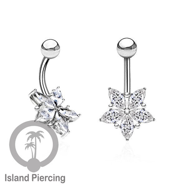 Anting Pusar/Navel Bar stainless steel yang mewah warna silver dengan prong set Kristal Zirconia