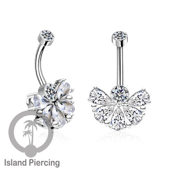 Anting Pusar/Navel Bar stainless steel yang mewah warna silver dengan prong set Kristal Zirconia