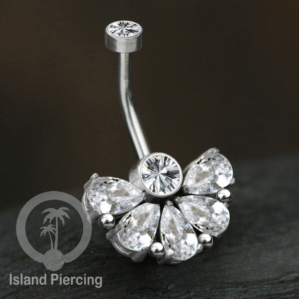 Anting Pusar/Navel Bar stainless steel yang mewah warna silver dengan prong set Kristal Zirconia