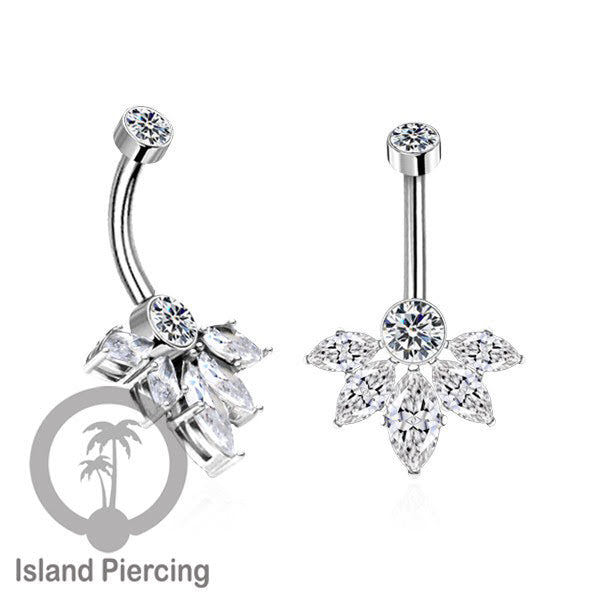 Anting Pusar/Navel Bar stainless steel yang mewah warna silver dengan prong set Kristal Zirconia