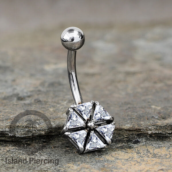 Anting Pusar/Navel Bar stainless steel yang mewah warna silver dengan prong set Kristal Zirconia