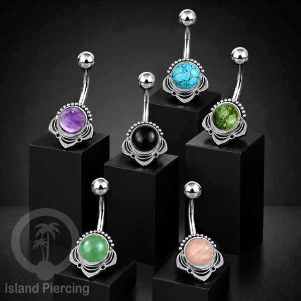 Anting Tindik Pusar/Navel Bar Stainless steel unik warna silver dengan banyak pilihan batu murni