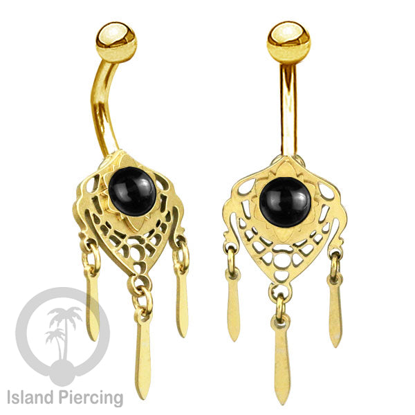 Anting Tindik Pusar/Navel Bar Stainless warna gold variasi gantungan dan Resin berwarna