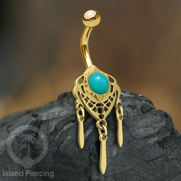 Anting Tindik Pusar/Navel Bar Stainless warna gold variasi gantungan dan Resin berwarna
