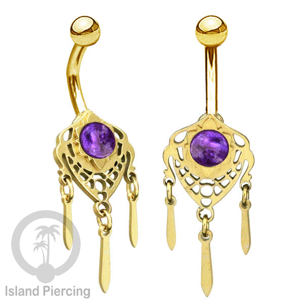 Anting Tindik Pusar/Navel Bar Stainless warna gold variasi gantungan dan Resin berwarna