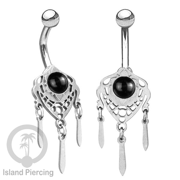 Anting Tindik Pusar/Navel Bar Stainless warna silver variasi gantungan dan Resin berwarna