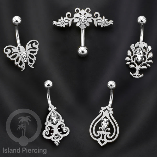 Anting Tindik Pusar/Navel Bar Stainless warna silver dengan kristal Zirconia