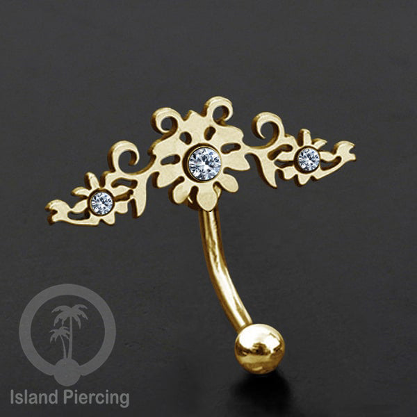 Anting Tindik Pusar/Navel Bar Stainless warna gold dengan kristal Zirconia