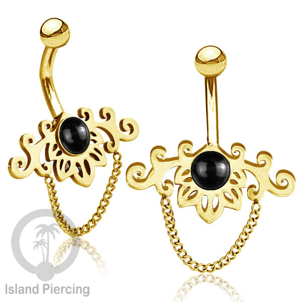 Anting Tindik Pusar/Navel Bar Stainless dengan rantai warna gold dengan variasi warna Resin