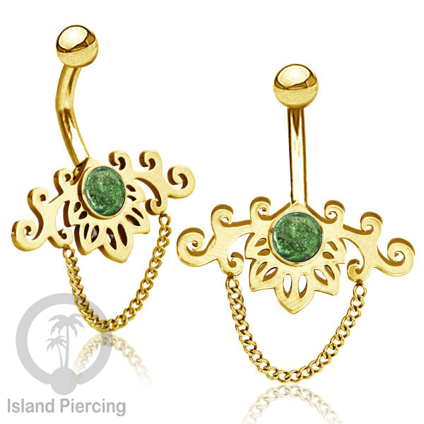 Anting Tindik Pusar/Navel Bar Stainless dengan rantai warna gold dengan variasi warna Resin