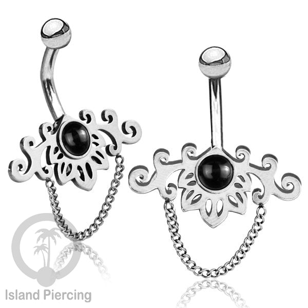 Anting Tindik Pusar/Navel Bar Stainless dengan rantai warna silver dengan variasi warna Resin
