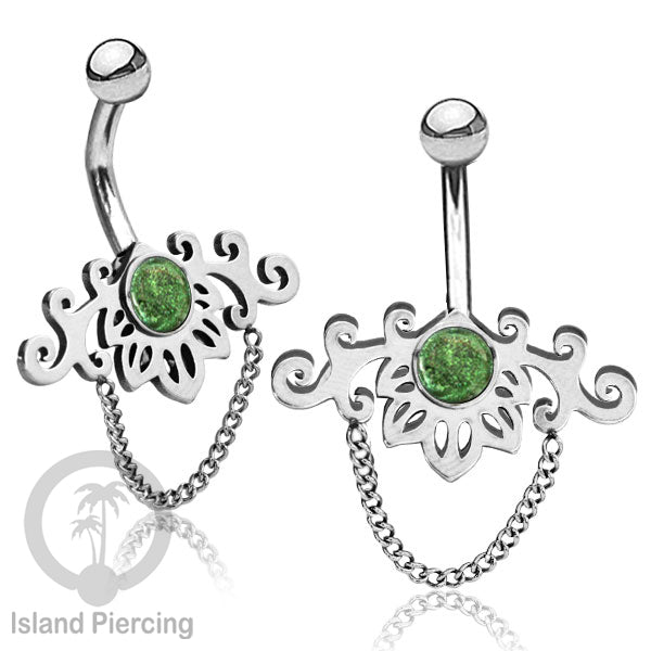 Anting Tindik Pusar/Navel Bar Stainless dengan rantai warna silver dengan variasi warna Resin