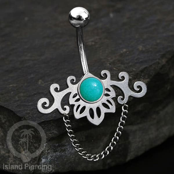 Anting Tindik Pusar/Navel Bar Stainless dengan rantai warna silver dengan variasi warna Resin