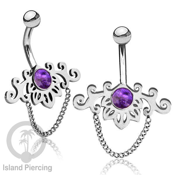 Anting Tindik Pusar/Navel Bar Stainless dengan rantai warna silver dengan variasi warna Resin