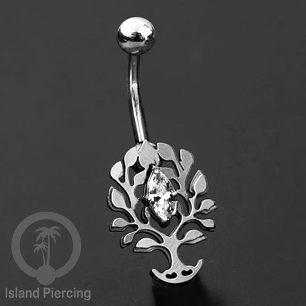 Anting Tindik Pusar/Navel Bar Stainless warna silver dengan kristal Zirconia