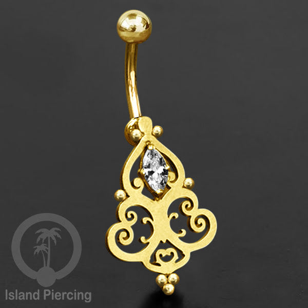 Anting Tindik Pusar/Navel Bar Stainless warna gold dengan kristal Zirconia