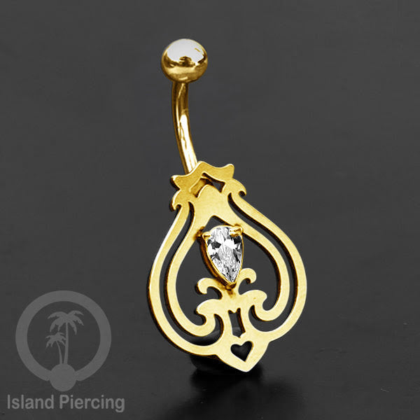 Anting Tindik Pusar/Navel Bar Stainless warna gold dengan kristal Zirconia