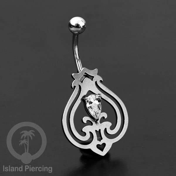 Anting Tindik Pusar/Navel Bar Stainless warna silver dengan kristal Zirconia