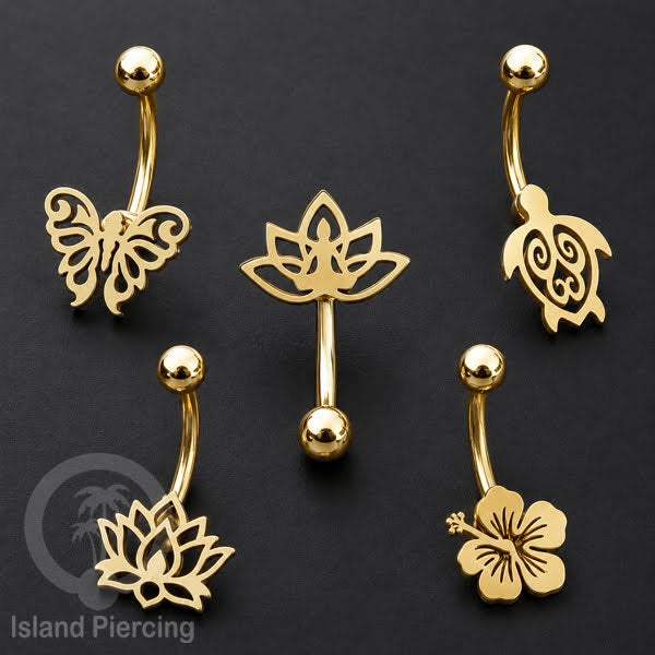 Anting Tindik Pusar Stainless Steel Navel Bar warna silver motif Buddha, Lotus, Kupu Kupu, Bunga...