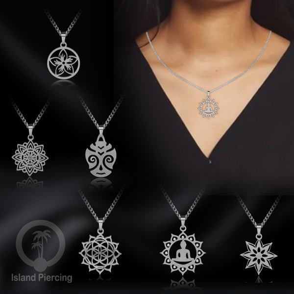 Kalung Liontin kecil Stainless warna Silver motif buddha, Flower of life, Bintang. Steel Necklaces