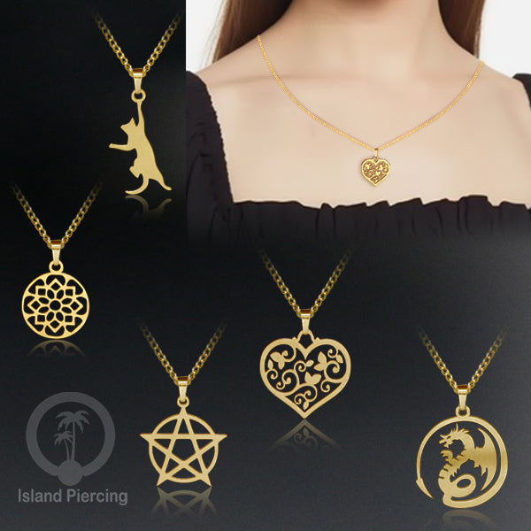 Kalung Liontin manis Stainless warna Gold, motif Mandala, Naga, Hati, Ohm, Kucing, Pentagram, Steel Necklace Charm