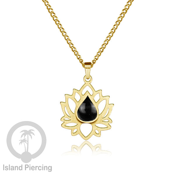 Perhiasan Kalung Liontin Stainless Teratai warna gold dengan Resin warna-warni, Lotus Steel Charm Necklace