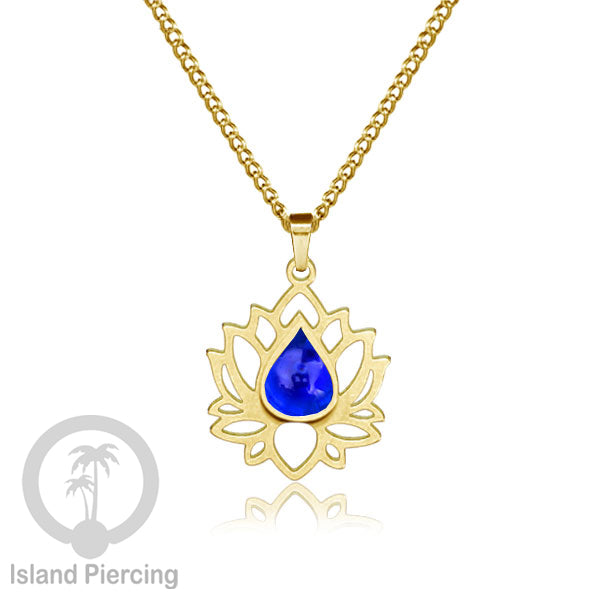 Perhiasan Kalung Liontin Stainless Teratai warna gold dengan Resin warna-warni, Lotus Steel Charm Necklace