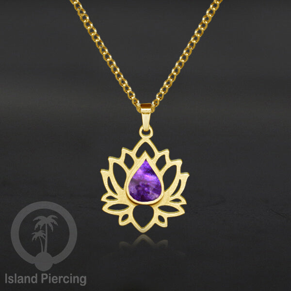 Perhiasan Kalung Liontin Stainless Teratai warna gold dengan Resin warna-warni, Lotus Steel Charm Necklace