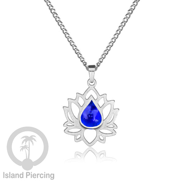 Perhiasan Kalung Liontin Stainless Teratai warna Silver dengan Resin warna-warni, Lotus Steel Charm Necklace