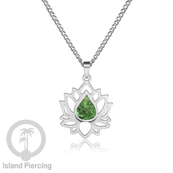 Perhiasan Kalung Liontin Stainless Teratai warna Silver dengan Resin warna-warni, Lotus Steel Charm Necklace