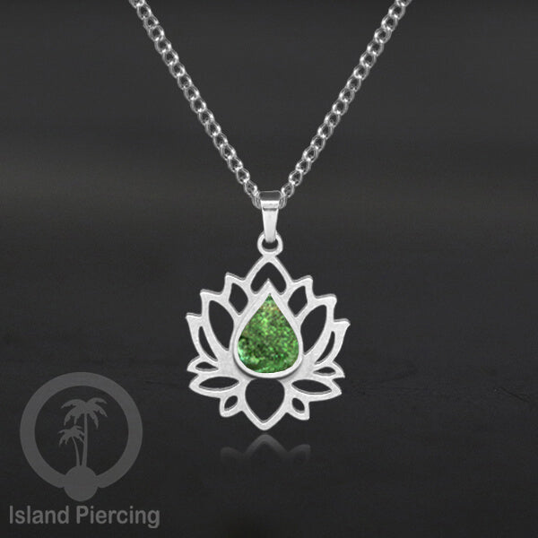 Perhiasan Kalung Liontin Stainless Teratai warna Silver dengan Resin warna-warni, Lotus Steel Charm Necklace