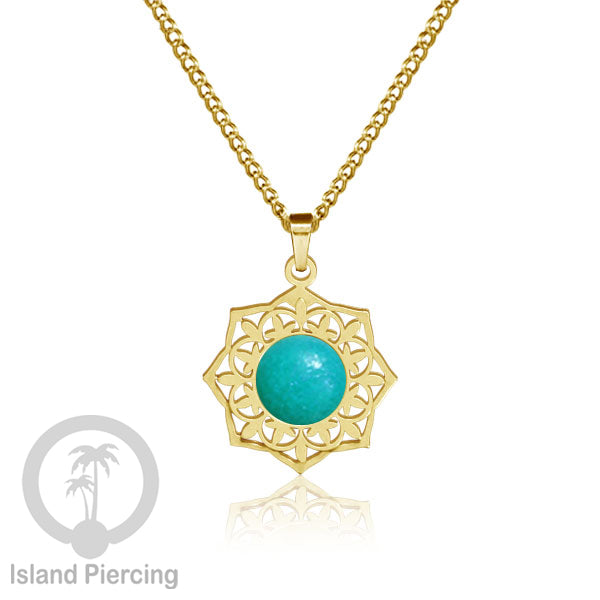 Perhiasan Kalung Stainless warna Gold dengan Liontin Resin motif Mandala. Steel Charm Necklace