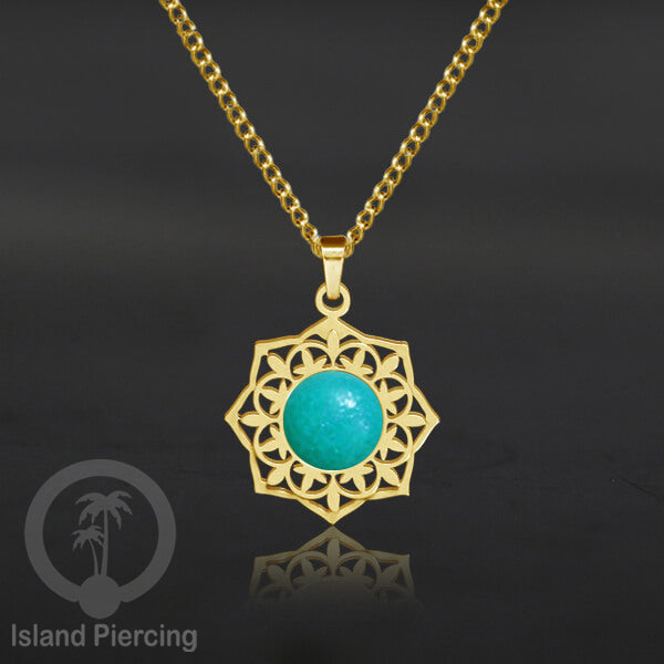 Perhiasan Kalung Stainless warna Gold dengan Liontin Resin motif Mandala. Steel Charm Necklace