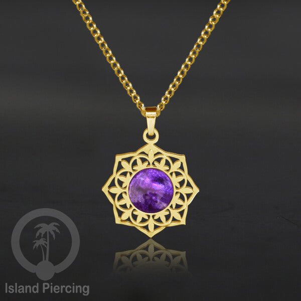 Perhiasan Kalung Stainless warna Gold dengan Liontin Resin motif Mandala. Steel Charm Necklace
