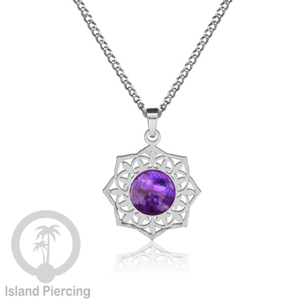 Perhiasan Kalung Stainless warna Silver dengan Liontin Resin motif Mandala. Steel Charm Necklace