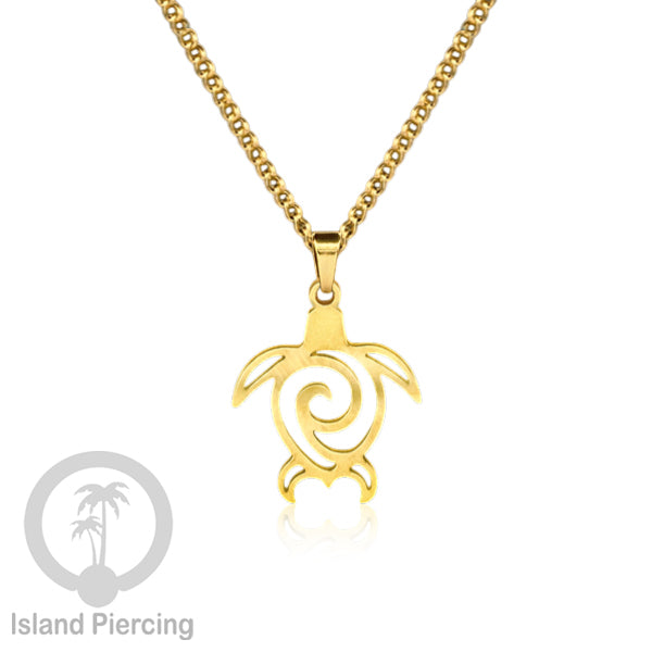 Kalung Stainless dengan Liontin kecil warna Gold inspirasi Laut. Lumba2, Kura2, Surfer, Ombak..
