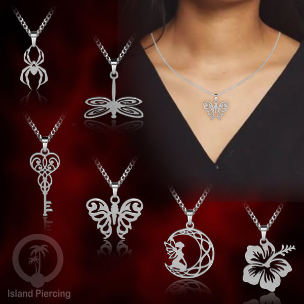 Perhiasan Stainless Kalung Liontin kecil warna Gold motif Bunga, Dragonfly, Kunci, Fairy, Butterfly, Spider