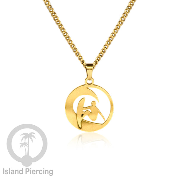 Kalung Stainless dengan Liontin kecil warna Gold inspirasi Laut. Lumba2, Kura2, Surfer, Ombak..