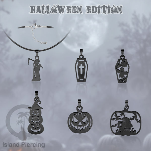 Necklace Halloween Kalung kulit dengan Liotin Stainless warna hitam motif gothic tengkorak, peti, sihir
