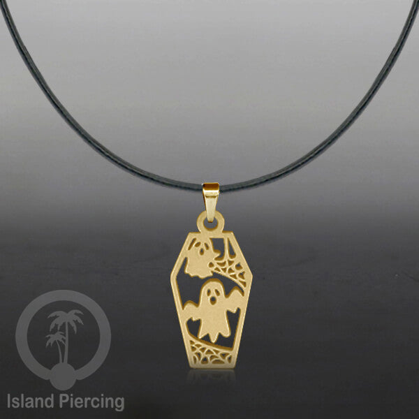 Necklace Halloween Kalung kulit dengan Liotin Stainless warna gold motif gothic tengkorak, peti, sihir