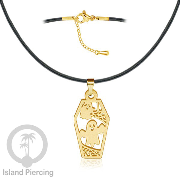 Necklace Halloween Kalung kulit dengan Liotin Stainless warna gold motif gothic tengkorak, peti, sihir