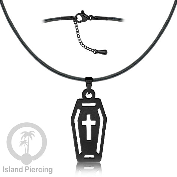 Necklace Halloween Kalung kulit dengan Liotin Stainless warna hitam motif gothic tengkorak, peti, sihir