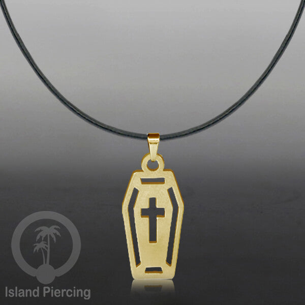 Necklace Halloween Kalung kulit dengan Liotin Stainless warna gold motif gothic tengkorak, peti, sihir