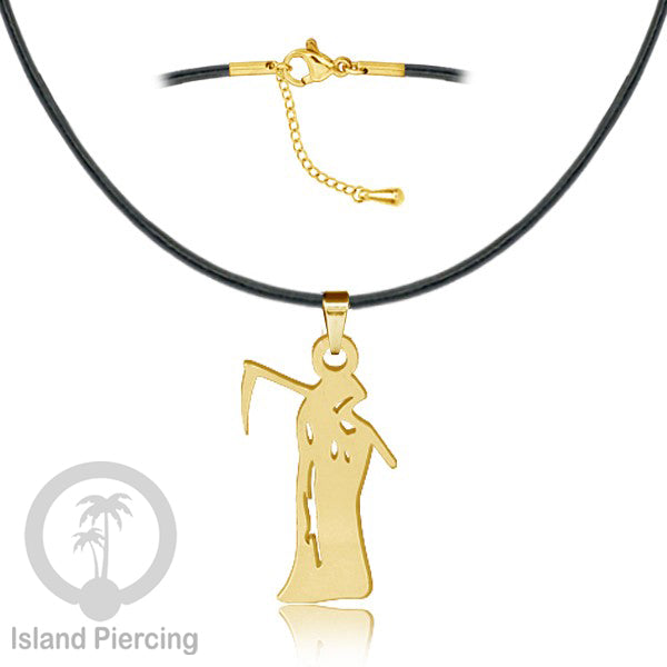 Necklace Halloween Kalung kulit dengan Liotin Stainless warna gold motif gothic tengkorak, peti, sihir