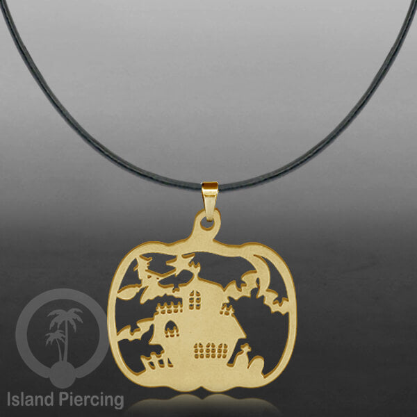 Necklace Halloween Kalung kulit dengan Liotin Stainless warna gold motif gothic tengkorak, peti, sihir