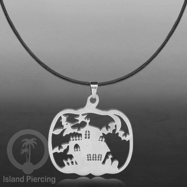 Necklace Halloween Kalung kulit dengan Liotin Stainless warna silver motif gothic tengkorak, peti, sihir